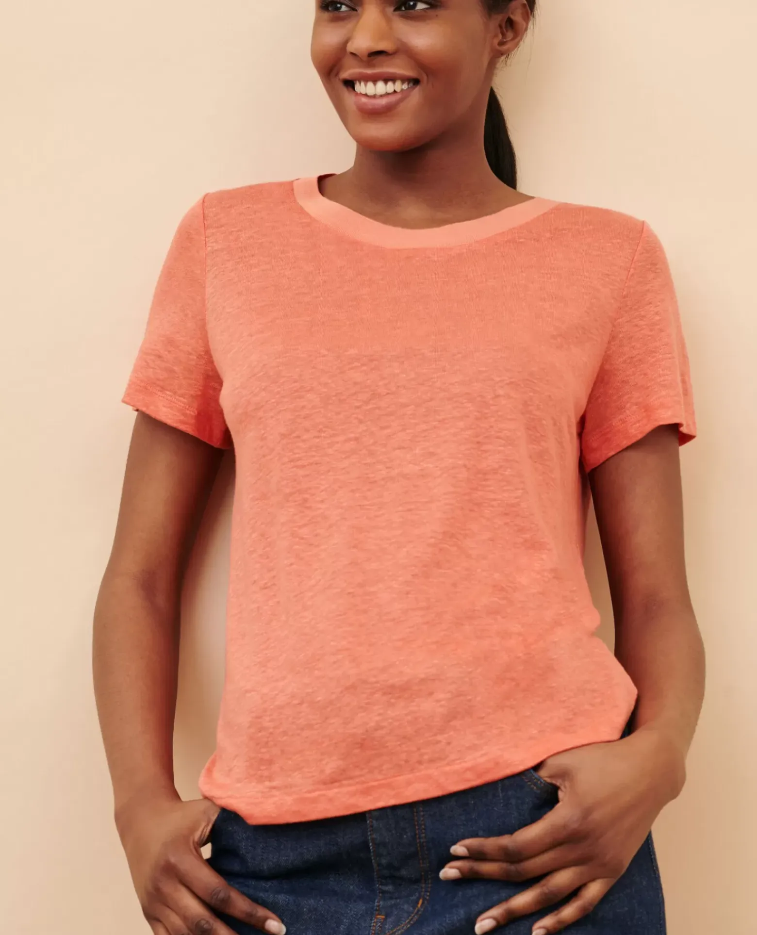 Tops|Comptoir des Cotonniers Amandine - T-Shirt Col Rond En Lin 21 Light Orange