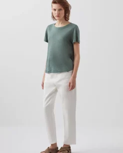 Tops|Comptoir des Cotonniers Amandine - T-Shirt Col Rond En Lin 0381 Dark Forest