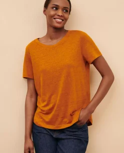 Tops|Comptoir des Cotonniers Amandine - T-Shirt Col Rond En Lin 29 Orange