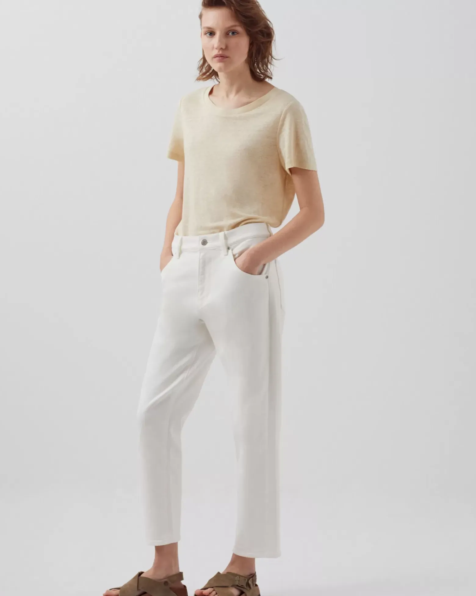 Tops|Comptoir des Cotonniers Amandine - T-Shirt Col Rond En Lin 0300 Castle Wall