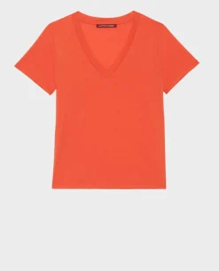 Tops|Comptoir des Cotonniers Lea - T-Shirt Fluide Col V 0250 Tiger Lily Orange