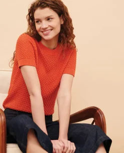 Maille|Comptoir des Cotonniers Pull A Manches Courtes En Coton 0220 Apricot Orange
