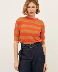 Maille|Comptoir des Cotonniers Pull Manches Courtes En Lin 0240 Tiger Lily Stripes