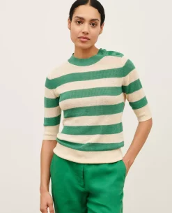 Maille|Comptoir des Cotonniers Pull Manches Courtes En Lin 0551 Pine Green Stripes