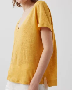 Tops|Comptoir des Cotonniers Sarah - T-Shirt Col V En Lin 0460 Ochre Yellow