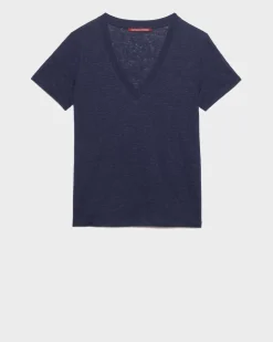 Tops|Comptoir des Cotonniers Sarah - T-Shirt Col V En Lin 4232 Maritime Blue