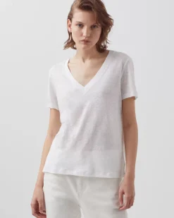 Tops|Comptoir des Cotonniers Sarah - T-Shirt Col V En Lin 4235 Optical White