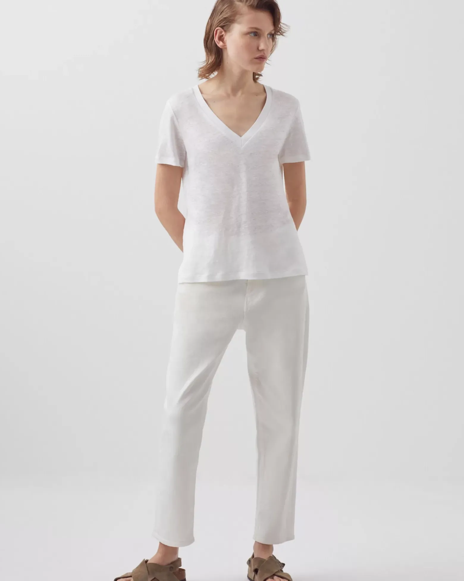 Tops|Comptoir des Cotonniers Sarah - T-Shirt Col V En Lin 4235 Optical White