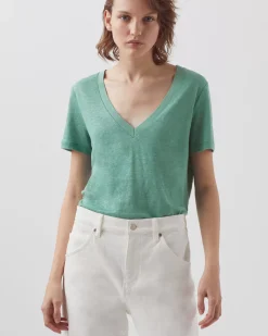 Tops|Comptoir des Cotonniers Sarah - T-Shirt Col V En Lin 0520 Vert Email
