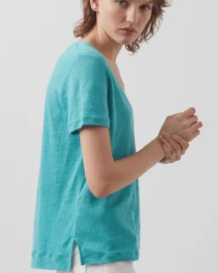 Tops|Comptoir des Cotonniers Sarah - T-Shirt Col V En Lin 0611 Pagoda Blue Blue