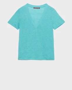 Tops|Comptoir des Cotonniers Sarah - T-Shirt Col V En Lin 0611 Pagoda Blue Blue