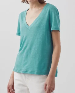 Tops|Comptoir des Cotonniers Sarah - T-Shirt Col V En Lin 0611 Pagoda Blue Blue